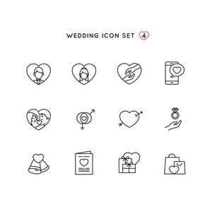 婚礼轮廓图标设置。婚姻插图的对象与爱情符号收集。单林设计完美的数字邀请，卡，网站和移动应用设计。