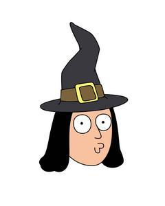 帽子里有滑稽的女巫头像.矢量.平的风格.希伦的女巫.派对标志贴纸.