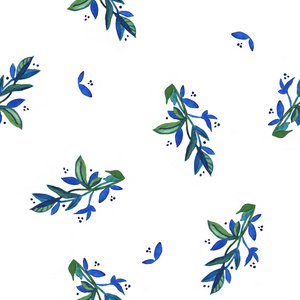 花卉无缝图案。手绘背景。色彩斑斓的背景。图案可用于织物壁纸或包装纸网页。蓝色的树枝图案