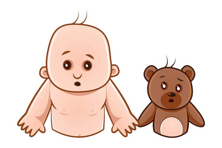 矢量卡通插图。可爱的宝宝和泰迪熊都震惊了。孤立在白色背景上。