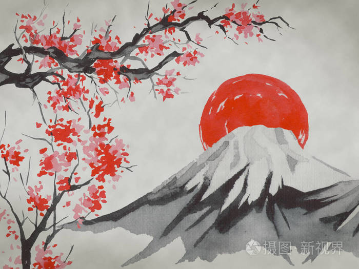 日本太阳.印度墨水插图.日本图片