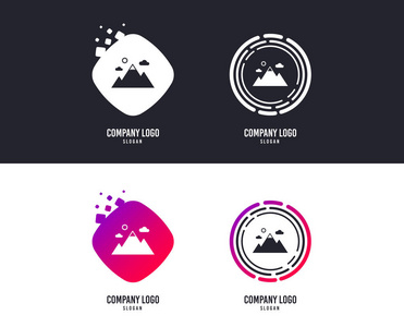 标志型概念。 山上的图标。 登山运动标志。 领导动机概念。 标志设计。 彩色按钮与图标。 向量