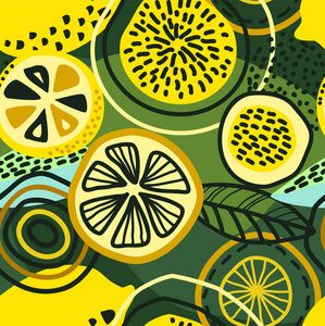 向量抽象无缝的样式与柠檬, 圈子, 点照片