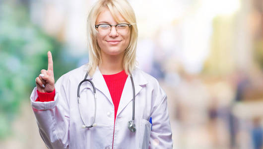 年轻漂亮的金发医生女人穿着医疗制服，在孤立的背景上显示和指向第一手指，同时微笑自信和快乐。