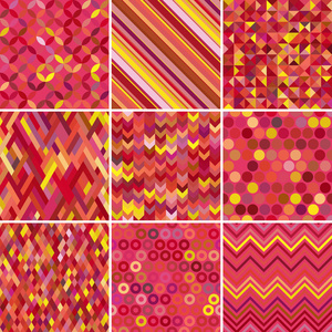 设置九个无缝抽象几何图案矢量插图。 粉红色红色橙色黄色