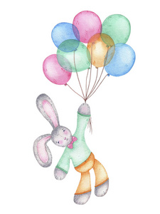 水彩快乐复活节兔子在气球