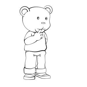 可爱的卡通，男孩熊站在思考。黑白隔离，手绘卡通人物设计。矢量剪贴画插图