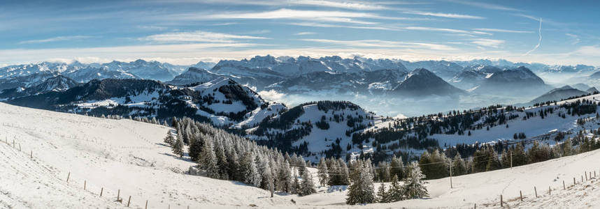 瑞士阿尔卑斯山白雪皑皑的全景，从里吉山女王那里看到