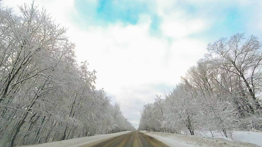 冬天的乡间小路上有着白雪皑皑的树林