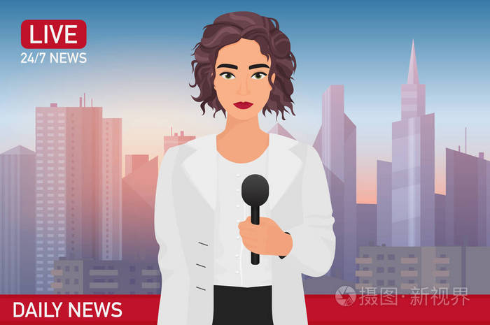 插画 新闻播音员相当漂亮的女人报道突发新闻.