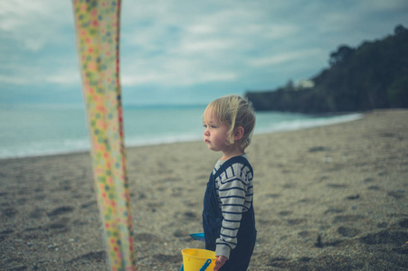 秋天，一个小蹒跚学步的孩子正站在海滩上