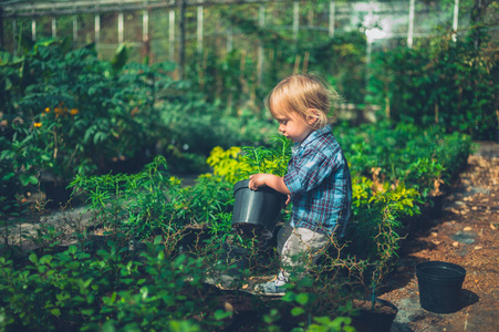 一个小孩正在温室里做园艺