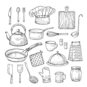 厨房设备厨具餐具复古素描向量收集照片