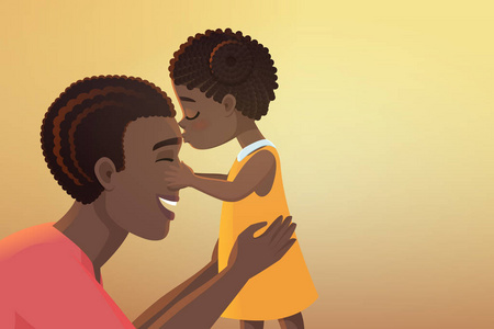 可爱的小黑人非洲裔美国女儿女孩亲吻她快乐的父亲爸爸卡通矢量插图