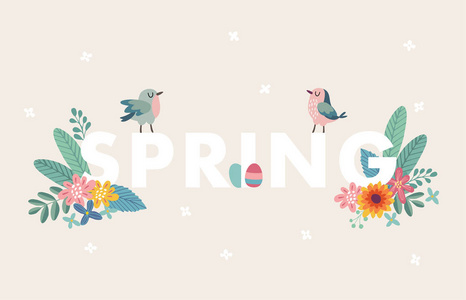 可爱的春天网横幅与鸟, 五颜六色的复活节彩蛋, 叶子和花。复活节贺卡, 邀请。向量例证背景, 季节性平设计