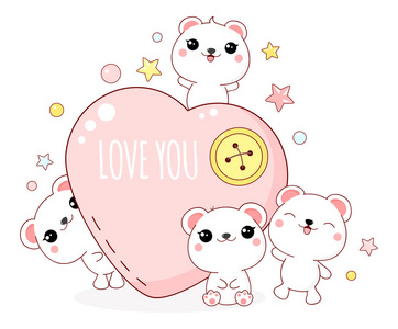 s day card in kawaii style. Lovely polar bears with heart, inscr