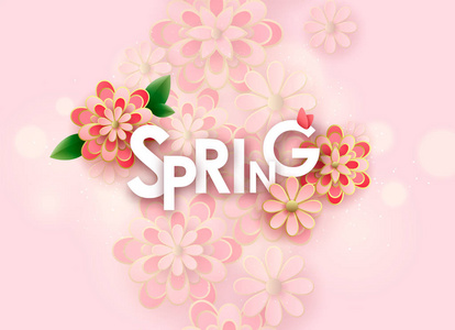 春季销售提供横幅模板。 背景上分离的粉红色花和珍珠玫瑰。 女性销售标签。 商店市场海报设计。 矢量图。 妇女节三月