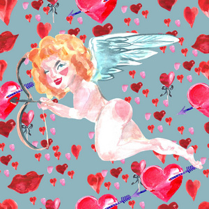 s Day background with beautiful cupid and red hearts.