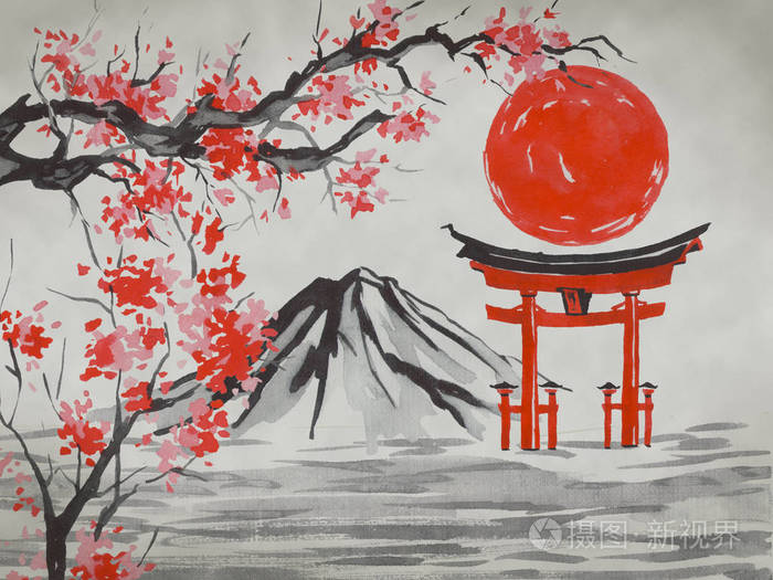 水彩和水墨插图的风格 sumi-e, u-sin.富士山,樱花,日落.日本太阳.