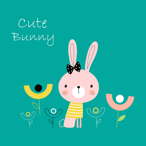 快乐复活节兔子矢量插图可爱的兔子卡通人物隔离在绿色背景卡与漂亮的兔子和花为情人节斯堪的纳维亚风格