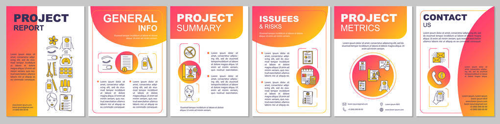 项目报告手册模板布局。 美甲沙龙。 传单小册子传单印刷设计与线性插图。 指甲服务。 杂志广告海报的矢量页面布局