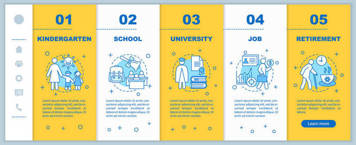 人的生命周期登录移动应用程序页面屏幕矢量模板。幼儿园学校大学工作退休带线的穿行步骤。用户体验用户界面智能手机