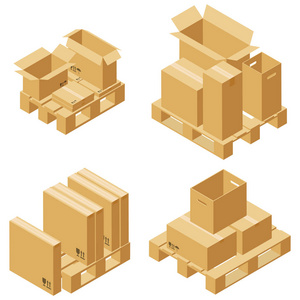 纸板箱和木托盘等距设置隔离在白色背景上。 矢量纸箱包装盒图像。
