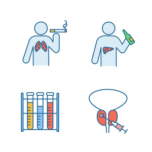 s health color icons set. Liver and lungs cancer, lab analysis, 