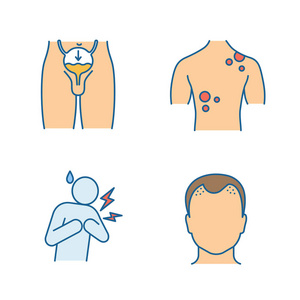 s health color icons set. Urinary incontinence, skin cancer, hea