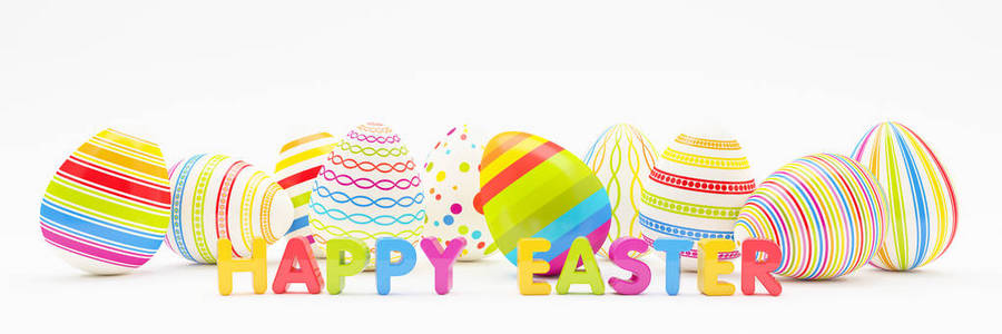 十个彩色复活节彩蛋的三维渲染和白色背景上复活节快乐的信息