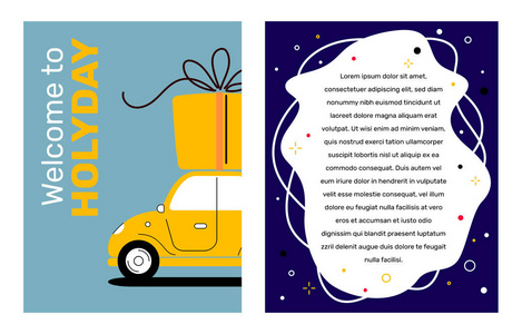 矢量创意假日模板与老式黄色汽车的插图与大礼品盒在屋顶和文本。 网页横幅卡平面样式设计