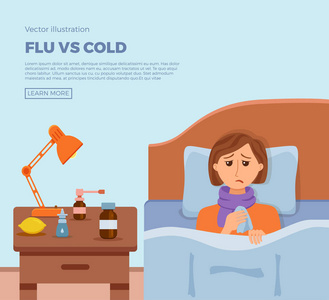 生病的女孩在床上与感冒, 流感的症状照片