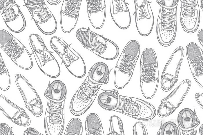 与鞋子无缝图案. 手绘胶鞋