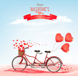 s Day holiday background with tandem bicycle with heart shape ba