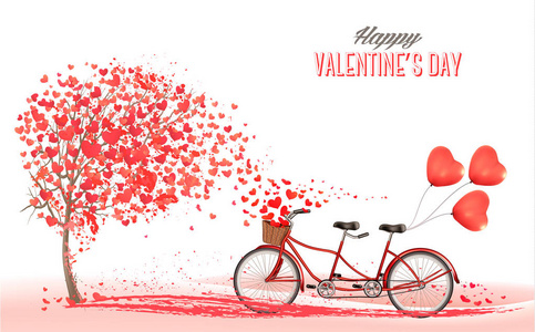 s Day background with tandem bicycle with red heart shape balloo