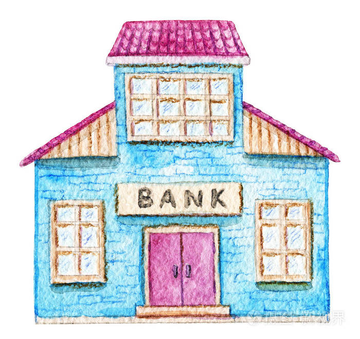 卡通银行大楼孤立在白色背景上. 水彩手绘插图