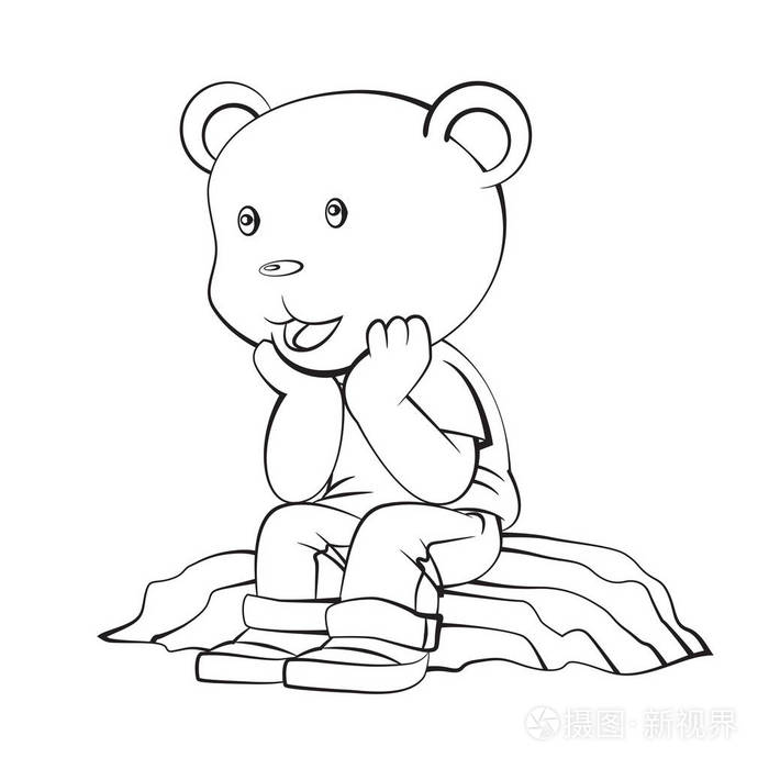 插画 可爱的卡通男孩熊站在思考. 孤立的黑白手绘卡通人物设计.