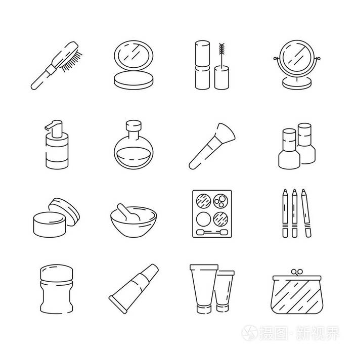 化妆图标.女人美容化妆品化妆水奶油凝胶指甲口红矢量细线符号