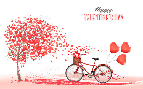 s Day background with bicycle with red heart shape balloons. Con