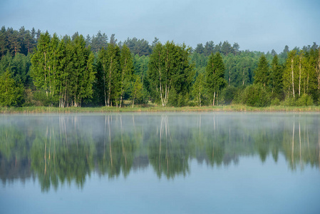 雾蒙蒙的早晨在湖边，蓝天，湿草，薄雾在平静的水上倒影
