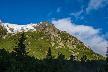 斯洛伐克塔特拉山在夏天。 绿坡，山峰覆盖着雪。 晴天。