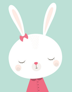 快乐复活节兔子矢量插图可爱兔子卡通人物与蝴蝶结隔离在绿色背景卡与漂亮兔子情人节