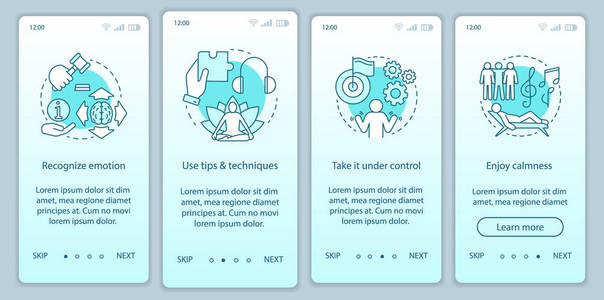 情绪管理车载移动应用程序页面屏幕矢量模板。 识别使用技巧享受平静。 演练网站步骤与线性插图。 UXUI Gui智能手机界面概念