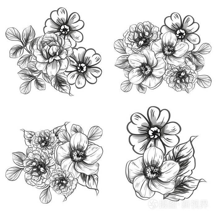 无缝复古风格的花型黑白花元素