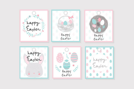一套6个矢量复活节礼品标签与花环兔子鸡蛋等。 完美的贴纸，补丁，标签等。