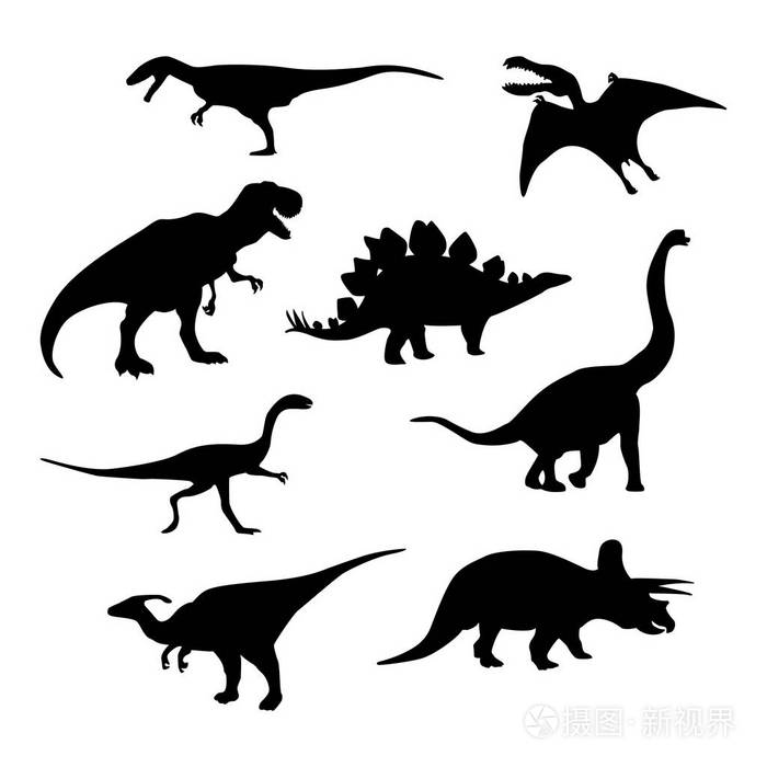 恐龙剪影设置在白色查出的向量例证
