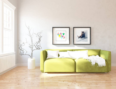 斯堪的纳维亚客厅内部有沙发植物和木制地板的想法。 家北欧内部。 三维插图