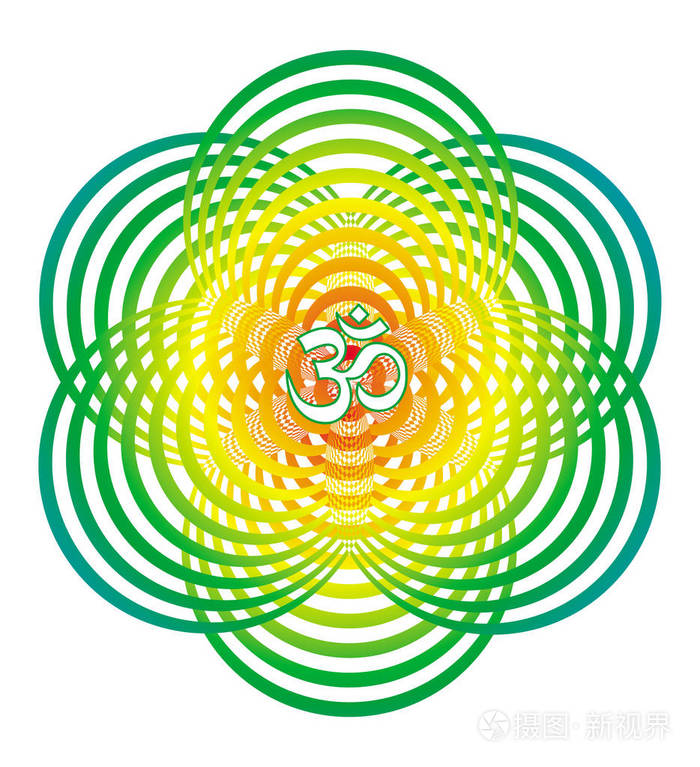 开放的彩色曼陀罗圆圈与标志om/aum/欧姆在中心. 黄色和绿色.