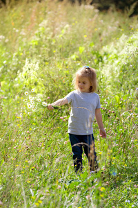 在夏天的田野上带着一束雏菊的可爱女孩