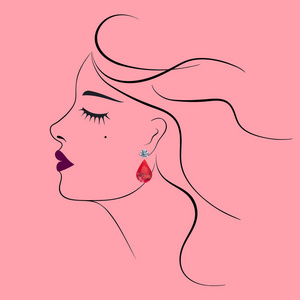 美丽的女人带着珠宝耳环和闭眼时尚插图。 粉红色背景上的轮廓草图矢量。 每股收益10。